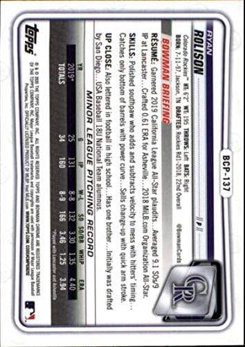 2020. Bowman Chrome Prospects BCP-137 Ryan Rolison RC Rookie Colorado Rockies MLB Trgovačka karta za bejzbol