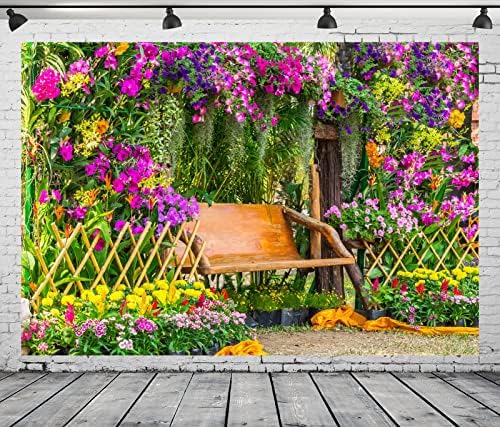 Loccor tkanina 10x8ft prekrasna proljetna cvjetova pozadina ljubičasta cvjetni park drvena klupa ograde fotografija pozadina