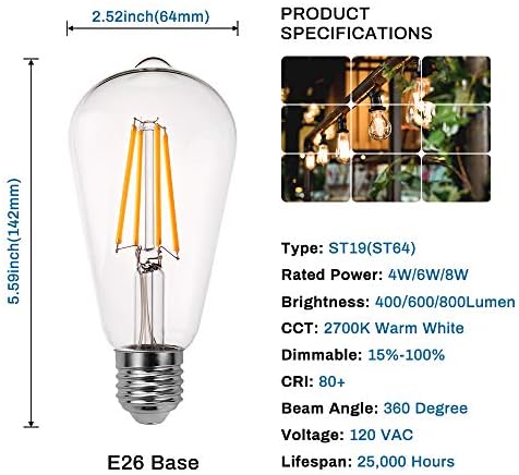 Vintage Edison led žarulje s mogućnošću zatamnjivanja 6 vata ekvivalent 60 vata 400 lumena 80+ Topla bijela žarulja 2200