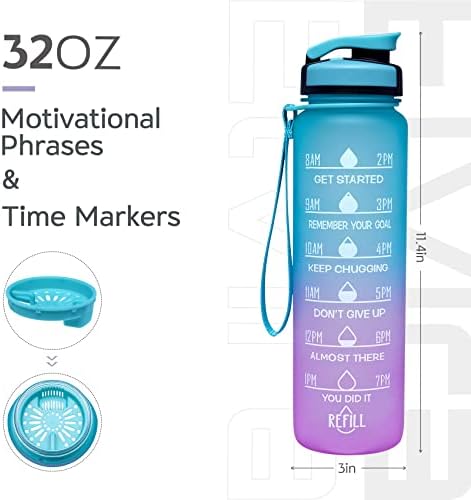 Elvira 32oz Velika boca vode s motivacijskim vremenskim oznakom i uklonjivim cjedilo, brzi protok BPA netoksičan za fitness,