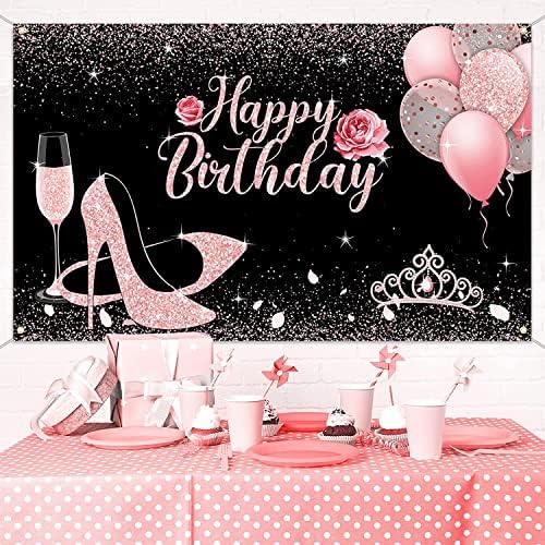 Pozadina za sretan rođendan svjetlucava ruža ružičasta pozadina za rođendansku fotografiju transparent baloni štikle vinska