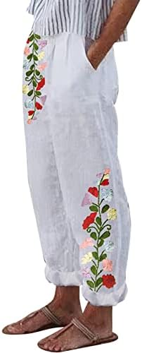 Ženske pamučne lanene hlače s džepovima cvjetni tisak plaže palazzo hlače elastični struk srednjeg uspona obrezane hlače