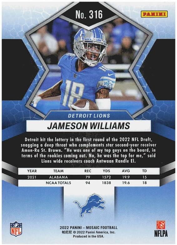 2022. Panini Mosaic 316 Jameson Williams RC Rookie Detroit Lions NFL nogometna trgovačka karta
